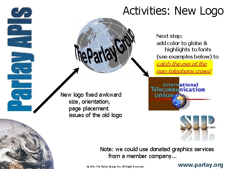 Activities: New Logo Next step: add color to globe & highlights to fonts (see Activities: New Logo Next step: add color to globe & highlights to fonts (see