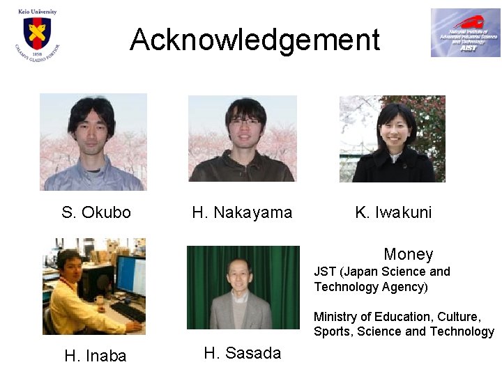 Acknowledgement S. Okubo H. Nakayama K. Iwakuni Money JST (Japan Science and Technology Agency)