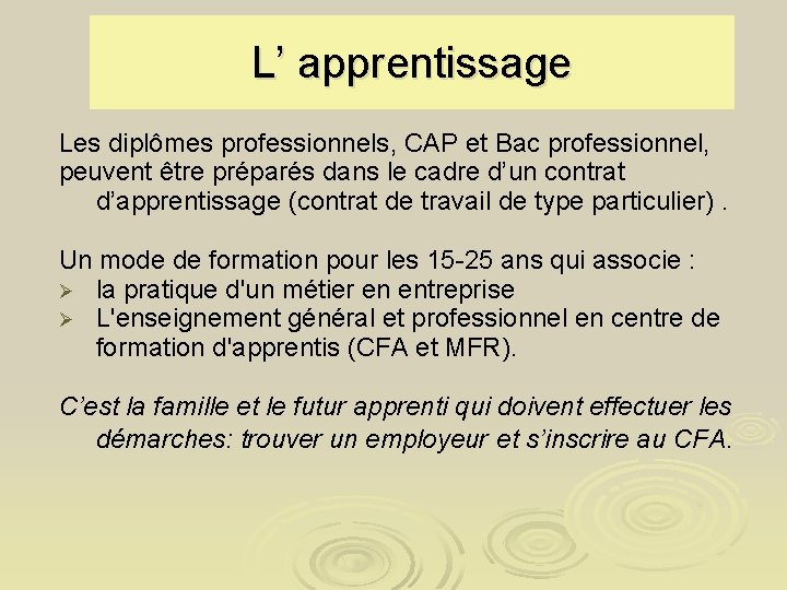 L’ apprentissage Les diplômes professionnels, CAP et Bac professionnel, peuvent être préparés dans le