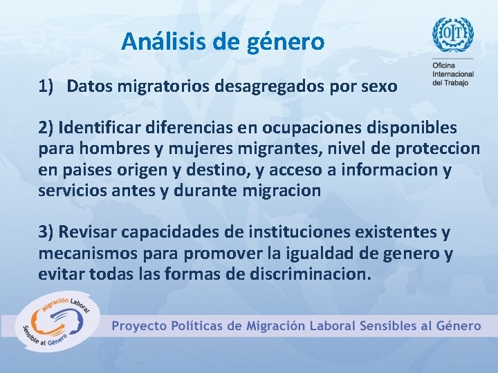 Análisis de género 1) Datos migratorios desagregados por sexo 2) Identificar diferencias en ocupaciones