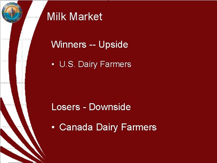 Milk Market Winners -- Upside • U. S. Dairy Farmers Losers - Downside • Milk Market Winners -- Upside • U. S. Dairy Farmers Losers - Downside •