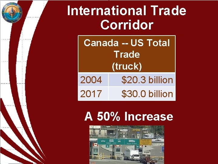 International Trade Corridor Canada -- US Total Trade (truck) 2004 $20. 3 billion 2017 International Trade Corridor Canada -- US Total Trade (truck) 2004 $20. 3 billion 2017