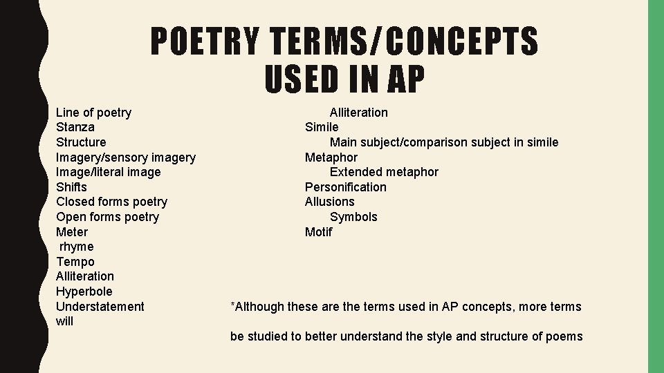 POETRY TERMS/CONCEPTS USED IN AP Line of poetry Stanza Structure Imagery/sensory imagery Image/literal image