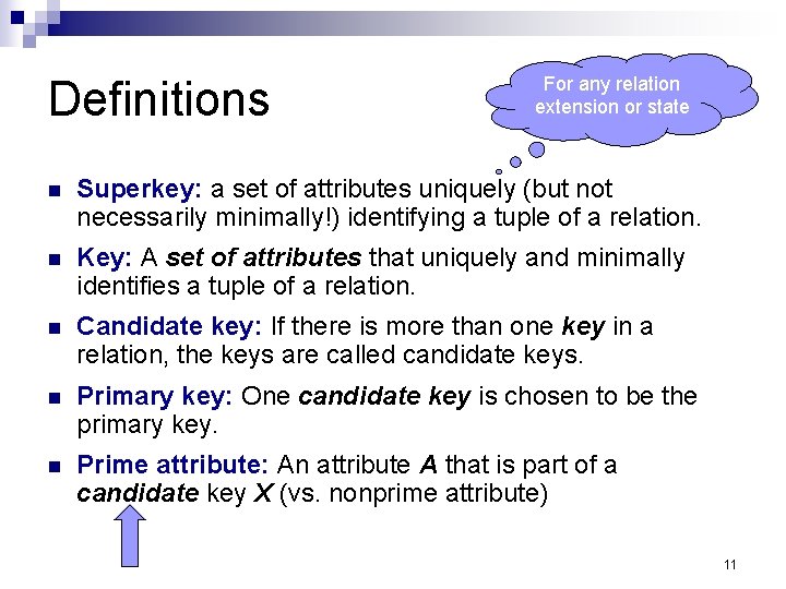 Definitions For any relation extension or state n Superkey: a set of attributes uniquely