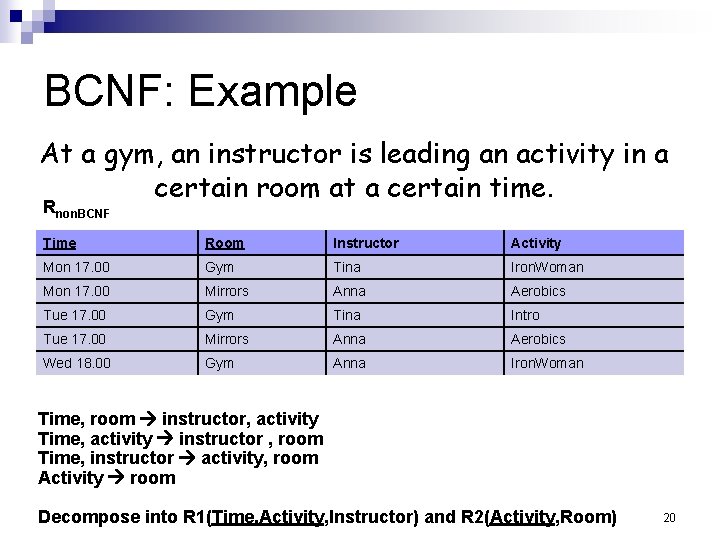 BCNF: Example At a gym, an instructor is leading an activity in a certain