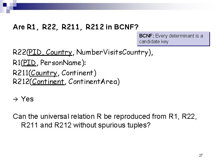 Are R 1, R 22, R 211, R 212 in BCNF? BCNF: Every determinant