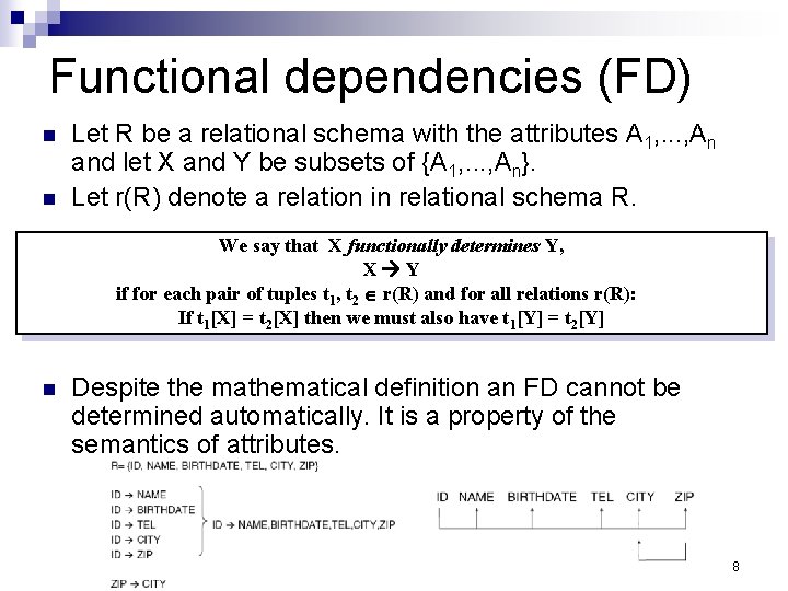 Functional dependencies (FD) n n Let R be a relational schema with the attributes