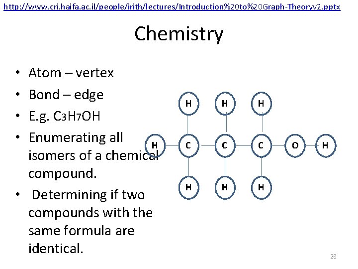 http: //www. cri. haifa. ac. il/people/irith/lectures/Introduction%20 to%20 Graph-Theoryv 2. pptx Chemistry Atom – vertex