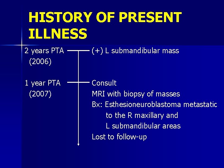 HISTORY OF PRESENT ILLNESS 2 years PTA (2006) (+) L submandibular mass 1 year