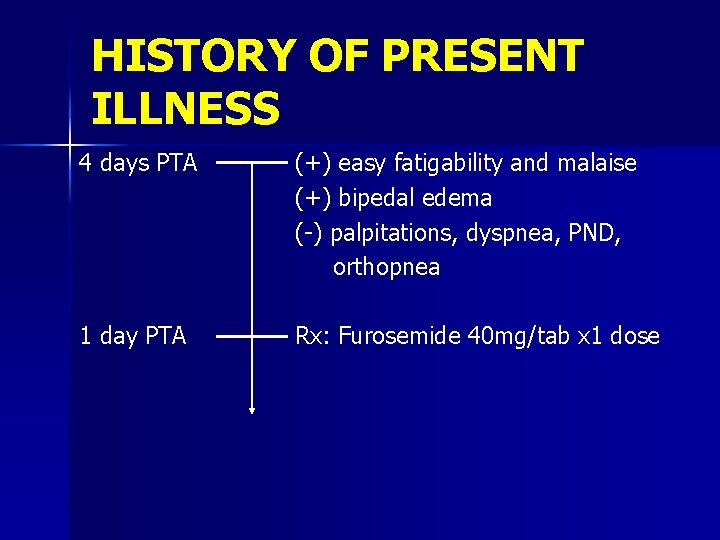 HISTORY OF PRESENT ILLNESS 4 days PTA (+) easy fatigability and malaise (+) bipedal