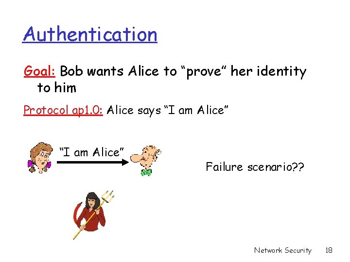 Authentication Goal: Bob wants Alice to “prove” her identity to him Protocol ap 1.