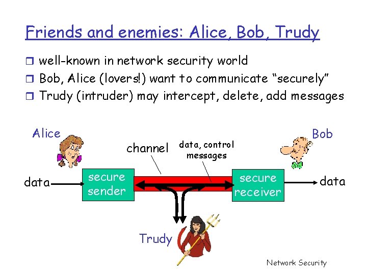 Friends and enemies: Alice, Bob, Trudy r well-known in network security world r Bob,