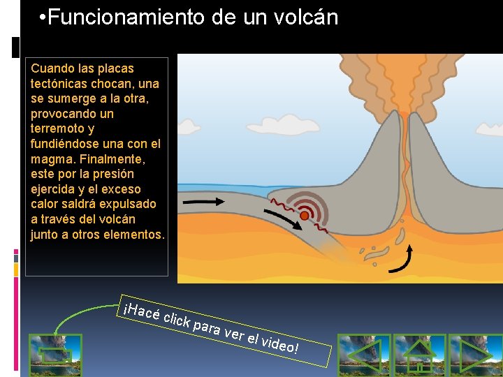  • Funcionamiento de un volcán Cuando las placas tectónicas chocan, una se sumerge