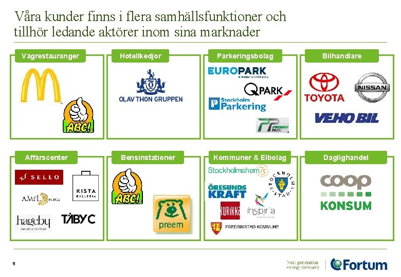 Våra kunder finns i flera samhällsfunktioner och tillhör ledande aktörer inom sina marknader Vägrestauranger