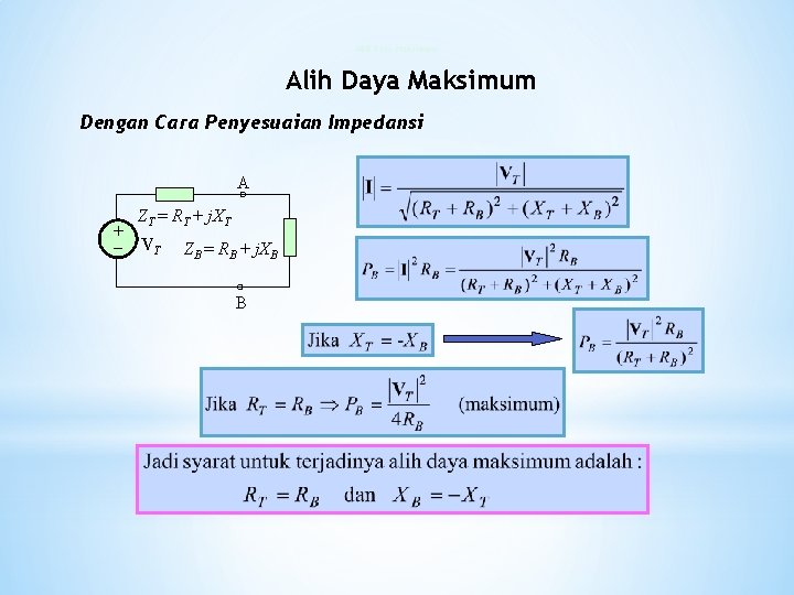 Alih Daya Maksimum Dengan Cara Penyesuaian Impedansi A + ZT = RT + j.