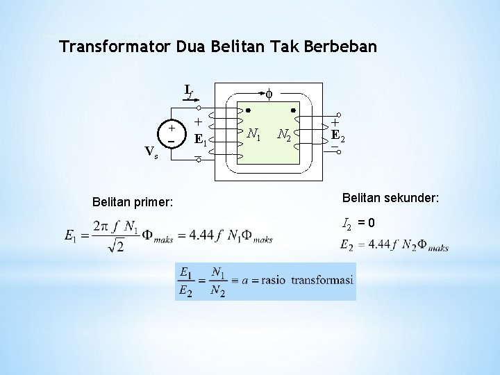 Transformator Dua Belitan Tak Berbeban If Vs + Belitan primer: + E 1 N