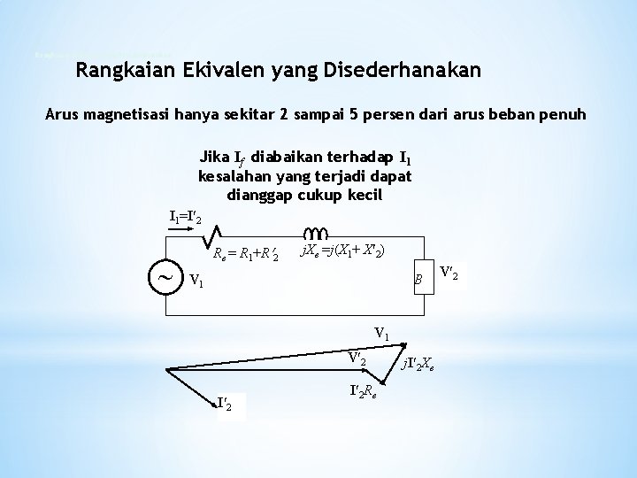 Rangkaian Ekivalen yang Disederhanakan Arus magnetisasi hanya sekitar 2 sampai 5 persen dari arus