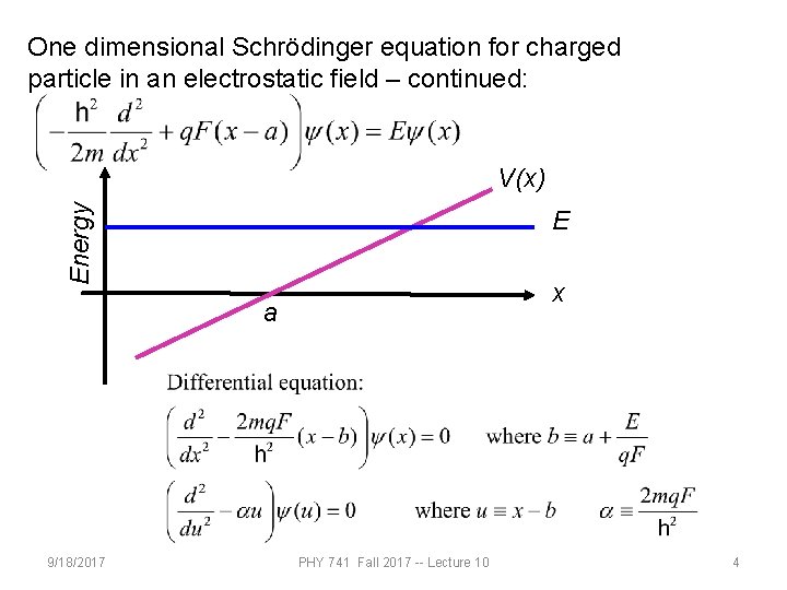 One dimensional Schrödinger equation for charged particle in an electrostatic field – continued: Energy