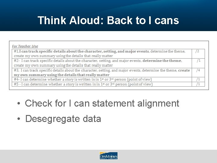 Think Aloud: Back to I cans • Check for I can statement alignment •