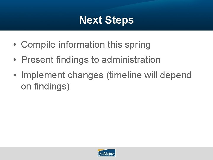 Next Steps • Compile information this spring • Present findings to administration • Implement