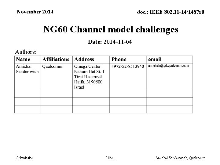 November 2014 doc. : IEEE 802. 11 -14/1487 r 0 NG 60 Channel model