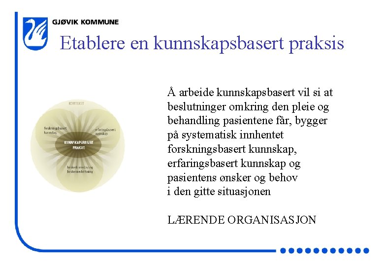 Etablere en kunnskapsbasert praksis Å arbeide kunnskapsbasert vil si at beslutninger omkring den pleie