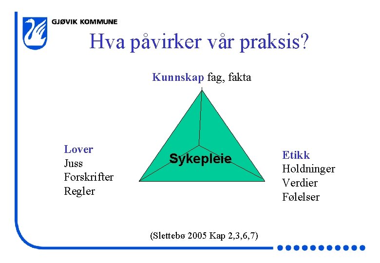 Hva påvirker vår praksis? Kunnskap fag, fakta Lover Juss Forskrifter Regler Sykepleie (Slettebø 2005