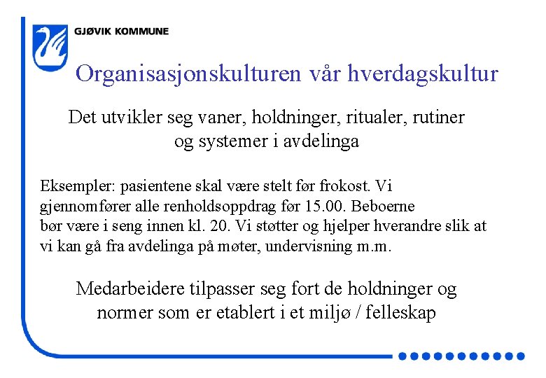 Organisasjonskulturen vår hverdagskultur Det utvikler seg vaner, holdninger, ritualer, rutiner og systemer i avdelinga