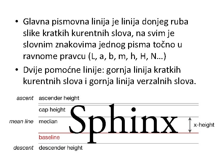  • Glavna pismovna linija je linija donjeg ruba slike kratkih kurentnih slova, na