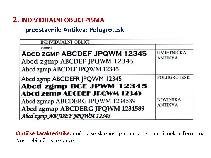 2. INDIVIDUALNI OBLICI PISMA -predstavnik: Antikva; Polugrotesk Optičke karakteristike: uočava se sklonost prema zaobljenim