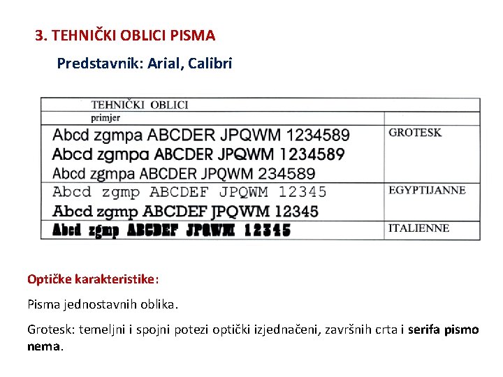 3. TEHNIČKI OBLICI PISMA Predstavnik: Arial, Calibri Optičke karakteristike: Pisma jednostavnih oblika. Grotesk: temeljni