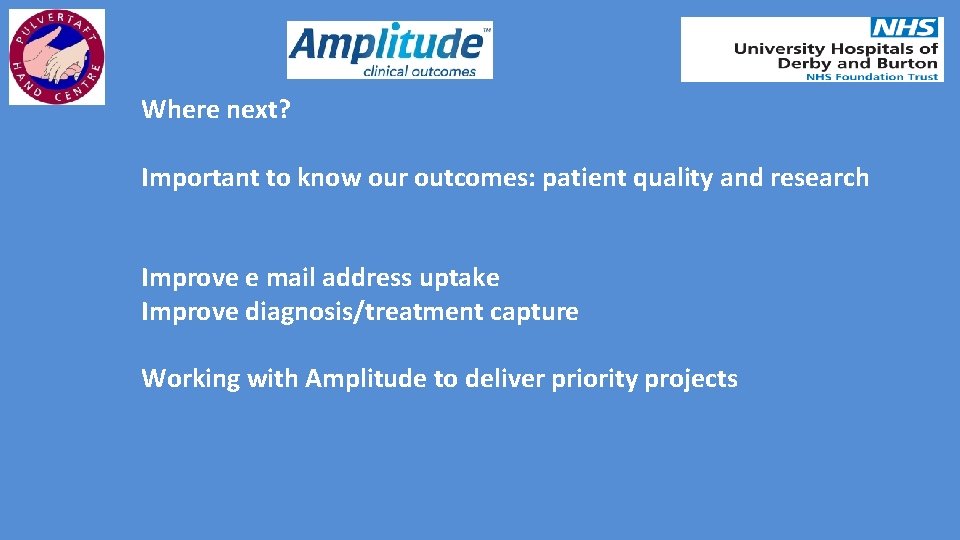 Where next? Important to know our outcomes: patient quality and research Improve e mail
