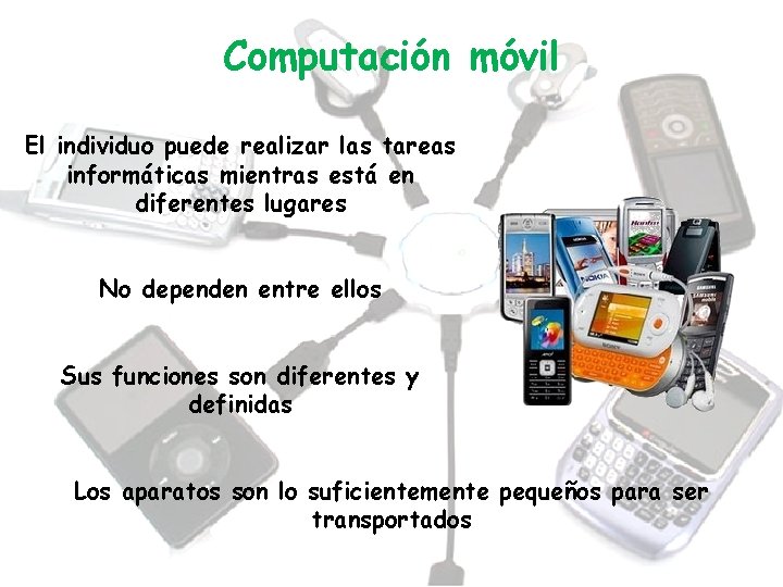 Computación móvil El individuo puede realizar las tareas informáticas mientras está en diferentes lugares