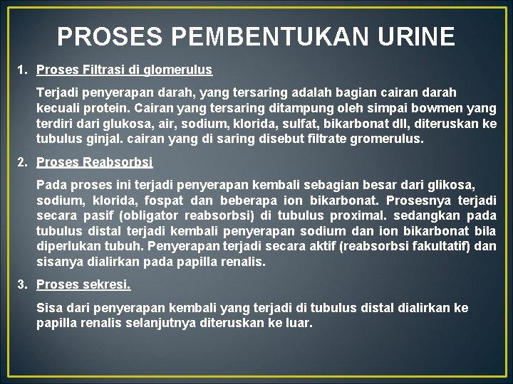 PROSES PEMBENTUKAN URINE 1. Proses Filtrasi di glomerulus Terjadi penyerapan darah, yang tersaring adalah