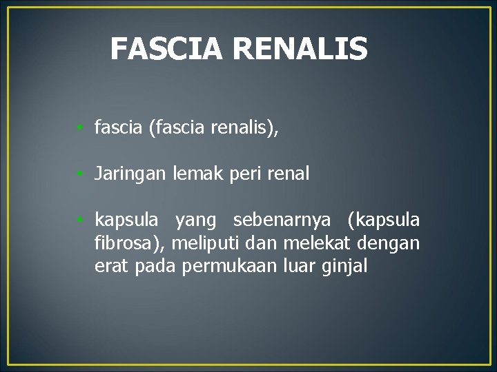 FASCIA RENALIS • fascia (fascia renalis), • Jaringan lemak peri renal • kapsula yang