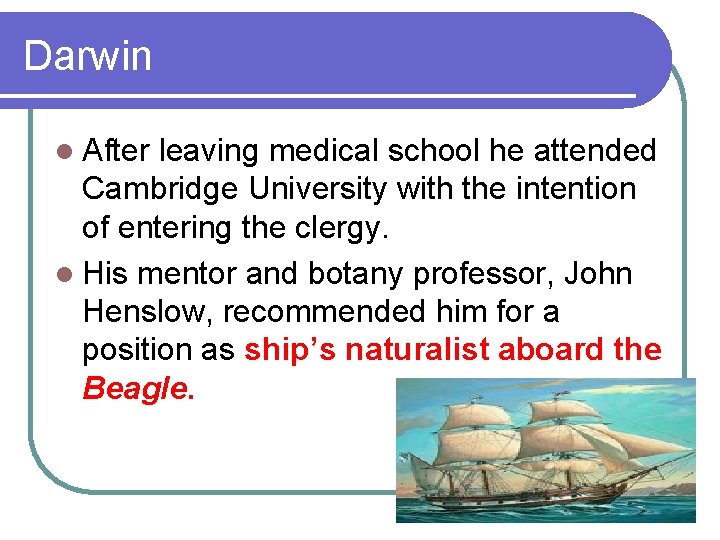 Darwin l After leaving medical school he attended Cambridge University with the intention of
