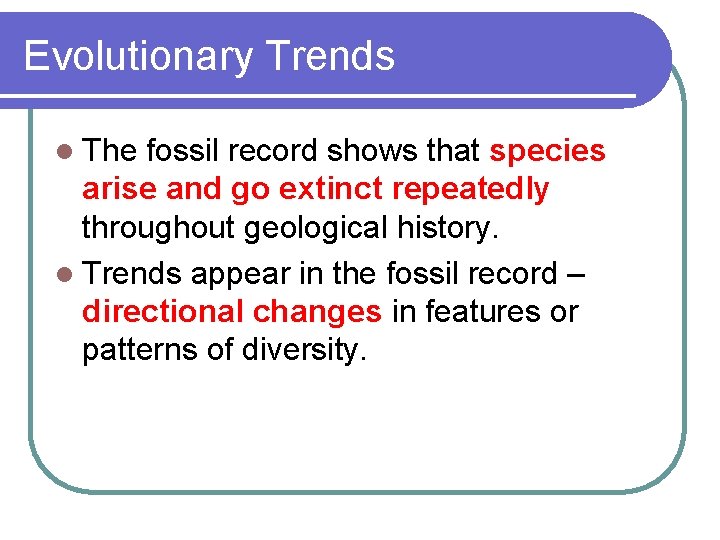 Evolutionary Trends l The fossil record shows that species arise and go extinct repeatedly