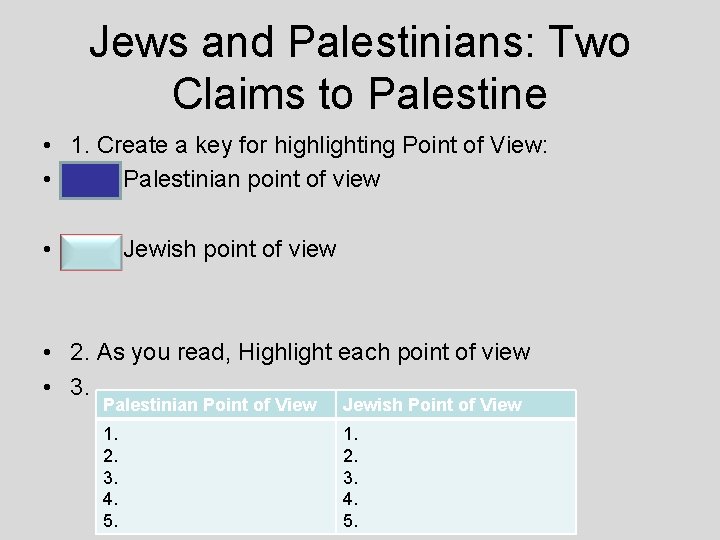 Jews and Palestinians: Two Claims to Palestine • 1. Create a key for highlighting