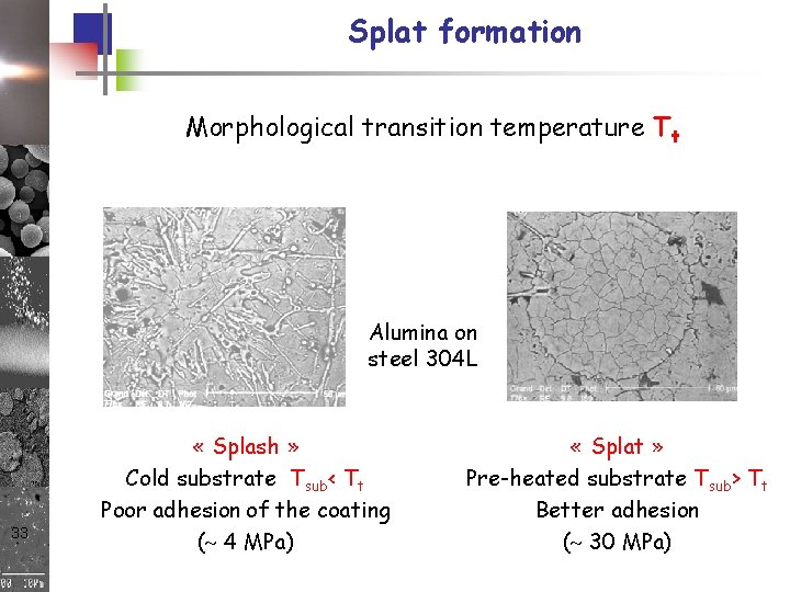 Splat formation Morphological transition temperature Tt Alumina on steel 304 L 33 « Splash Splat formation Morphological transition temperature Tt Alumina on steel 304 L 33 « Splash