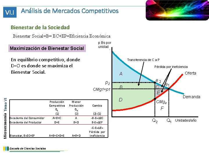 VI. I Análisis de Mercados Competitivos Bienestar de la Sociedad Bienestar Social=B= EC+EP=Eficiencia Económica