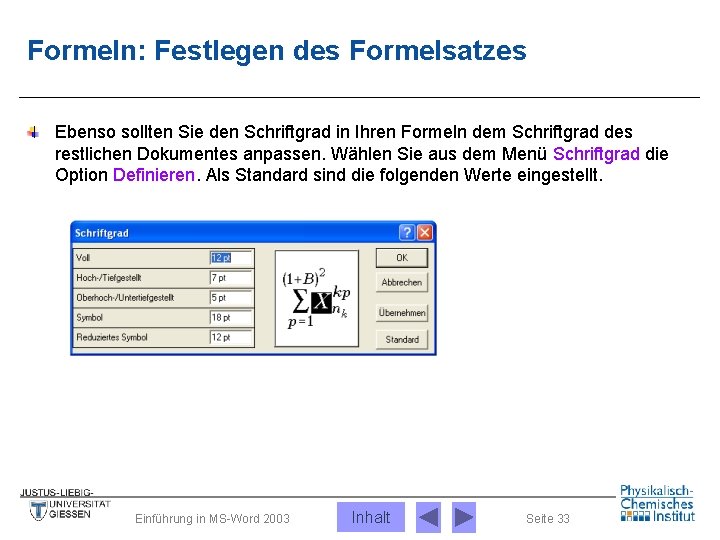 Formeln: Festlegen des Formelsatzes Ebenso sollten Sie den Schriftgrad in Ihren Formeln dem Schriftgrad