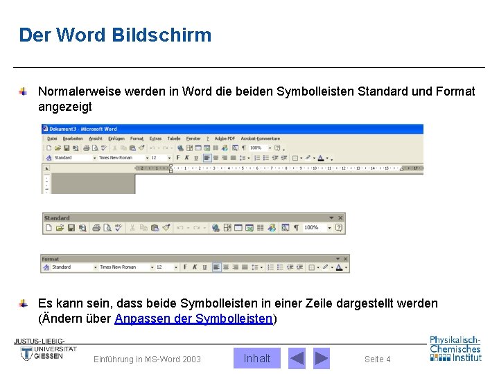 Der Word Bildschirm Normalerweise werden in Word die beiden Symbolleisten Standard und Format angezeigt