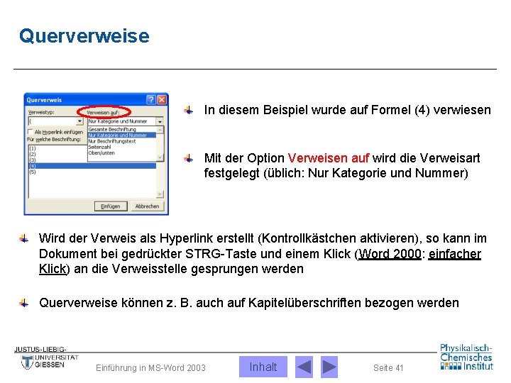 Querverweise In diesem Beispiel wurde auf Formel (4) verwiesen Mit der Option Verweisen auf