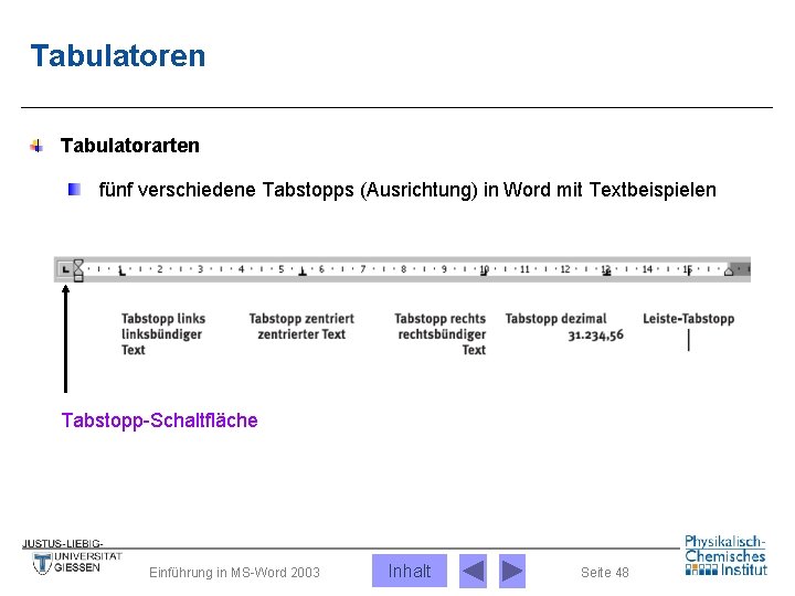 Tabulatoren Tabulatorarten fünf verschiedene Tabstopps (Ausrichtung) in Word mit Textbeispielen Tabstopp-Schaltfläche Einführung in MS-Word