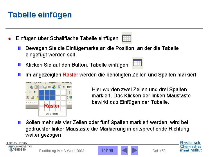 Tabelle einfügen Einfügen über Schaltfläche Tabelle einfügen Bewegen Sie die Einfügemarke an die Position,