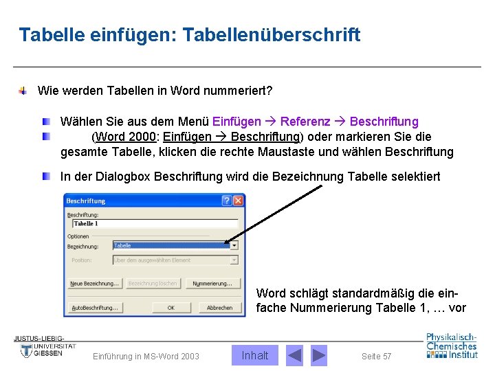 Tabelle einfügen: Tabellenüberschrift Wie werden Tabellen in Word nummeriert? Wählen Sie aus dem Menü