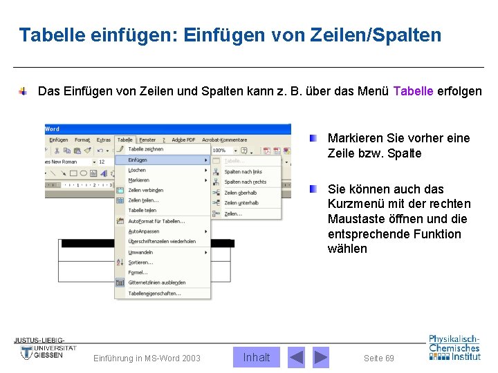 Tabelle einfügen: Einfügen von Zeilen/Spalten Das Einfügen von Zeilen und Spalten kann z. B.