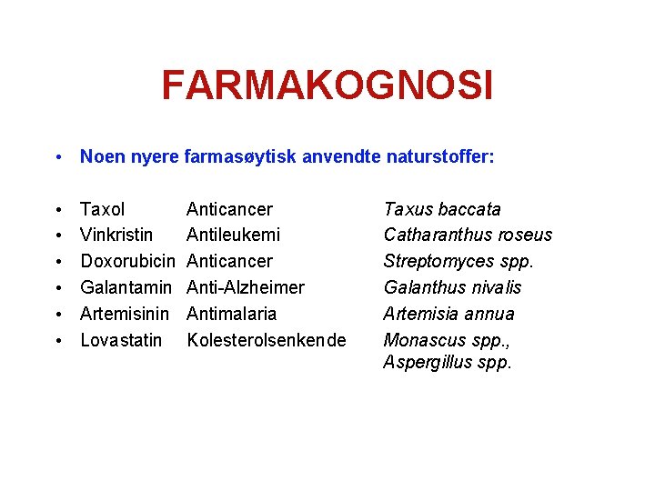 FARMAKOGNOSI • Noen nyere farmasøytisk anvendte naturstoffer: • • • Taxol Vinkristin Doxorubicin Galantamin