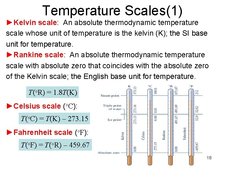 Temperature Scales(1) ►Kelvin scale: An absolute thermodynamic temperature scale whose unit of temperature is