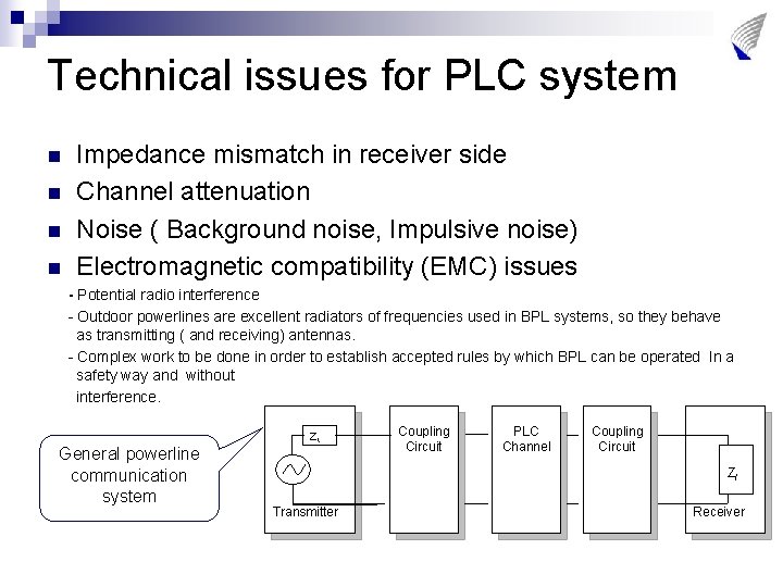 Technical issues for PLC system n n Impedance mismatch in receiver side Channel attenuation
